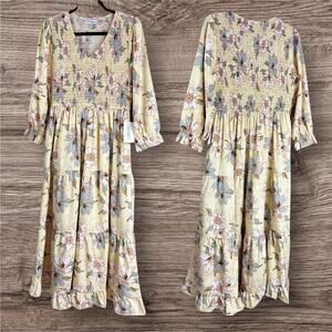 Polagram Gabbie Anne Midi Dress Women’s Large NWT Yellow Floral Print Smocked